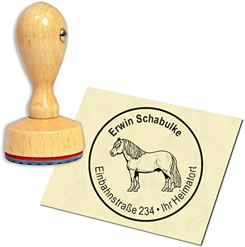 Stempel Adressstempel Holzstempel - Shetlandpony Pferd - rund ∅ 40mm personalisiert als Firmenstempel Namensstempel Bürostempel