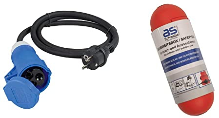 as - Schwabe Camping CEE-Adapterleitung Caravan, 1,5m H07RN-F 3G2,5 mit CEE-Kupplung & Schutzkontaktstecker 230V, 16A, Schwarz, IP44, 60486 & Sicherheitsbox Sicherheit für Schuko Rot I 48707