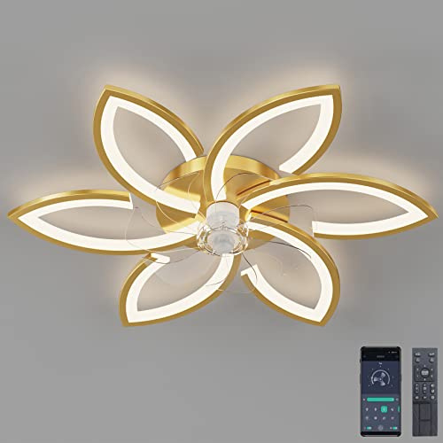 DIDADIDA Ventilateur de Plafond silencieux avec Lumière avec télécommande et éclairage APP Dimmable Couleur Luminosité 70W Créatif Acrylique Forme de Fleur Plafonnier avec Ventilateur (Or)