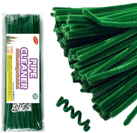 KIMMAX 100 Stück Pfeifenreiniger Grün Chenilledraht 30cm Bastelset und 100 Wackelaugen für Kinder Basteln und Weihnachten Dekorieren (Grün)
