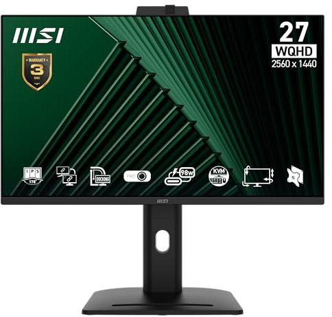 MSI PRO MP275QPDG 27 Inch WQHD Docking Monitor - 2560 x 1440 IPS Panel, 100Hz, Daisy Chain, Built- in camera, Eye-Friendly Screen, 4-Way Adjustable - HDMI, DisplayPort, Type-C 98W PD, LAN Port