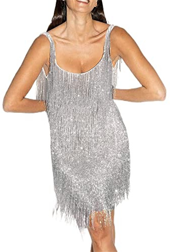 Vestido de fiesta para mujer, estilo Gatsby, con lentejuelas, borlas, estilo Gatsby, sexy, para cóctel, baile latino, vestido de fiesta, plata, S
