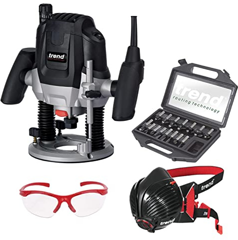 Trend Ultimate Routing Starter Set with Trend T7EK Workshop Router, 15-Piece Cutter Set, Air Stealth Dust Mask P3 Respirator & Safety Glasses, 1/2 Inch, 2100W, 240V, Black, T7/Starter/Set