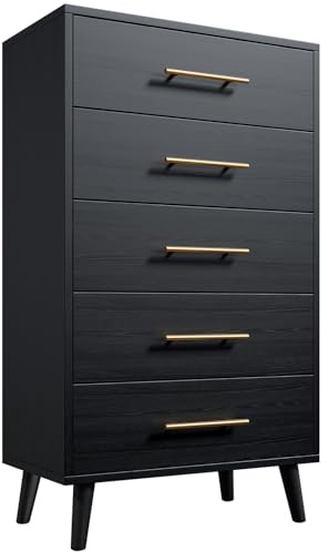 Aiho 5 Drawer Dresser, Tall Chest with Metal Handles, Wood Storage Organizer for Bedroom, Hallway, or Living Room, Black
