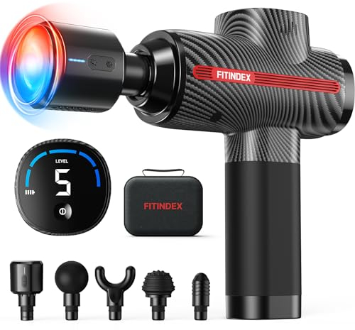 FITINDEX Massagepistole mit Wärme und Kälte Funktion, Massage Gun rücken Massagegerät mit LED Anzeige, Muskel Handmassagegerät Hitze Pistole für Nacken, 15W schnelles Aufladen mit 5 Köpfen, Geschenk