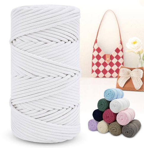 LEREATI Polyester Garn 150m Makramee Garn 4mm Geflochten Polyester-Seil Farbig Häkelgarn, Macrame Cord 4mm für Häkeltasche Umhängetasche Handtasche Geschenk Strickwaren (Weiß)
