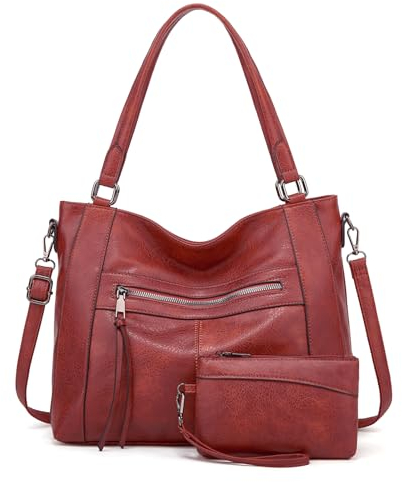 BAIGIO 2-teilige Handtasche Damen Umhängetasche Mittelgroß Shopper Tasche PU Leder Crossbody Tote Bag Set Schultertasche Damentaschen Henkeltaschen Tragetasche mit Geldbörse Reißverschluss, Rot