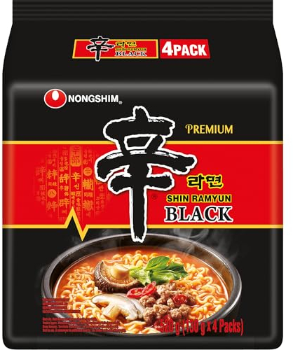 Nong Shim Instantnudeln Shin Ramyun Black – Koreanische Rindfleisch Ramen Suppe scharf mit Knoblaucharoma - schnelle Zubereitung – 1er Vorteilspackung - 4 x 130g