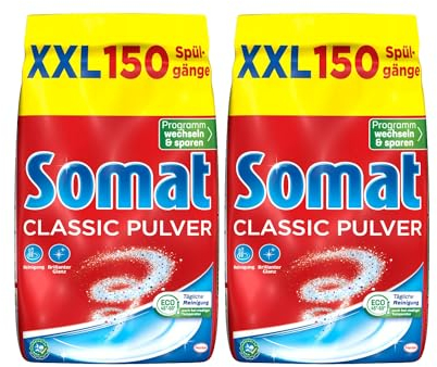 Somat Classic Pulver-Reiniger 300WL (2x 150WL), Spülmaschinenreiniger für die tägliche Reinigung, entfernt hartnäckigste Flecken bei jeden Spülgang, schonend für die Umwelt, 2x 2,4kg