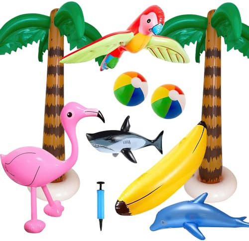 LUFEIS 10 Pcs Hawaiian Party Toys Set, Hawaiian Theme Party Decoration Set with Inflatable Palm Trees, Flamingo, Parrot, Dolphin, Shark, Banana, Beach Balls & Air Pump, for Beach Pool Party Backdrop