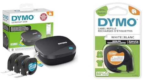 DYMO LetraTag 200B-Beschriftungsgerät mit Bluetooth & Original LetraTag Bügeletiketten | schwarz auf weiß | 12 mm x 2 m | Stoffetikettenband für LetraTag-Beschriftungsgerät