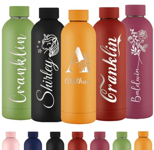 Xihedfd Personalisierte Trinkflasche Gravur Wasserflasche mit Namen Individuell Rostfreier Edelstahl Metall 500 ml Thermosflasche für Schule Büro Sport
