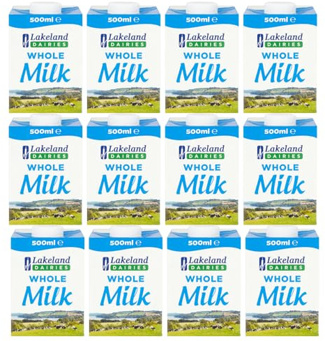 Lakeland UHT Whole Milk 500ml Pack of 12 Full Fat 3.5% Long Shelf Life Calcium Dairy Drink Screw Top Multipack Catering Hospitality Office Pantry with Welari Thank You Card | (12pack) (6000ml)