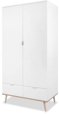 KHG Kleiderschrank 2-türig mit 2 Schubladen Scandi, Schublade, Tür | Sideboard aus Holzwerkstoff weiß foliert für Schlafzimmer, inkl. Kleiderstange 90x180x55 cm (B/H/T), für Stauraum