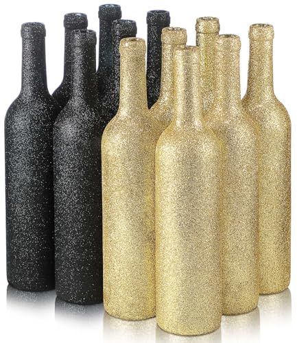 Sliner 12 bottiglie di vino in vetro da 750 ml, glitterate, vintage, vaso, per fiori, decorazione per matrimoni, centrotavola, feste di Halloween, bomboniere fai da te (nero, oro)