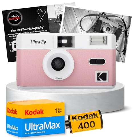 Ensemble de film réutilisable comprenant un appareil photo Kodak Ultra F9 rose layette, un film Kodak Ultramax 35 mm 36 poses et une carte de conseils pour la photographie Clikoze