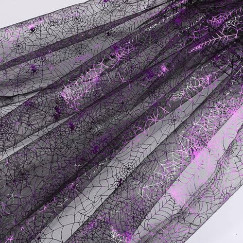 Halloween Tüllstoff, 150×200cm Spinnennetz Tüll Stoff Lila Spinnen Tüll Halloween Dekostoff DIY Netzstoff für Halloween Dekorationen Party