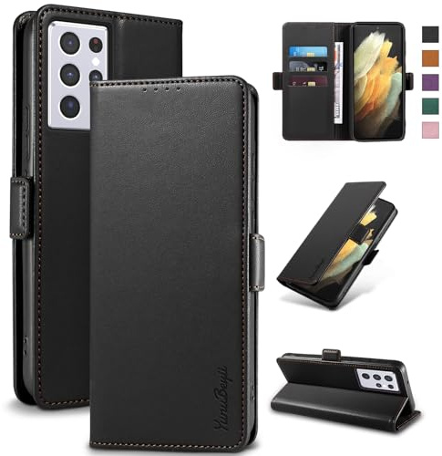 Yunubeyii Skal för Samsung S21 Ultra - [RFID-blockering] Lyxigt PU Plånbok Flipfodral Korthållare Magnetiskt Case med Kickstand, Stötsäkert Skyddsfodral, Svart