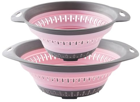 Surwin 2 Piezas Colador de Cocina, Grande Pequeña Combinación Cocina Plegable Colador de Silicona, Colador de Silicona de Portátil,Escurridor Pasta para Frutas,Verduras (Rosa)