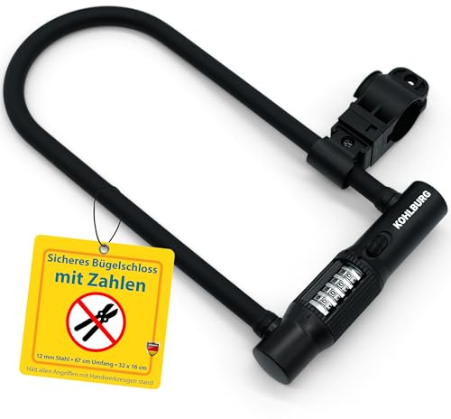 KOHLBURG Sicherheits- Bügelschloss Zahlenschloss für E-Bike & Fahrrad | Bügel Schloss mit Zahlencode & Halterung (mit 12mm Stahlkern & Zahlen aus Stahl) – U Lock Bike Fahrradschloss hohe Sicherheit