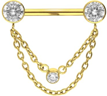 PIERCINGLINE Titan Barbell mit Push Fit 2 KETTEN + KRISTALLDISCS Brustwarzenpiercing Nippelpiercing Farb & Größenauswahl