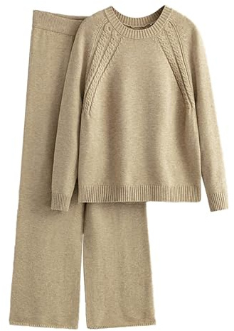 Conjunto de casa cálido de punto para mujer - Pijama de punto con jacquard + pantalones palazzo de un solo color elegante, conjunto de punto acanalado de manga larga, chándal de gran tamaño Y2K, traje