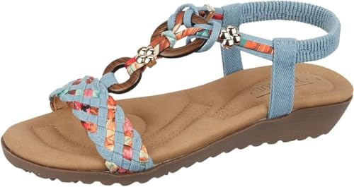 Jo & Joe Ladies Beaded T-bar Low Wedge Sandals - Marrakesh (Denim, UK Footwear Size System, Adult, Women, Numeric, Medium, 6)