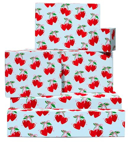 Kirschen-Geschenkpapier – 6 Blatt Geschenkpapier Mädchen – rote Kirschen mit koketten Schleifen – zum Geburtstag, Valentinstag, Jahrestag – recycelbar – von Central 23