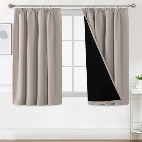 BellaHills 100% Gardinen mit Kräuselband Blickdicht Vorhang Kälteschutz Verdunklungsvorhänge Gardinen Wohnzimmer, Schallschutz Vorhang 2er Set H 137 x B 117 cm, Natur