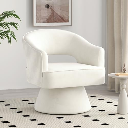 SEYNAR Mid-Century - Sillón giratorio moderno con forma de cubo de acento, giratorio de 360 grados, silla tapizada, de terciopelo a rayas, para salón, dormitorio, estudio (beige)