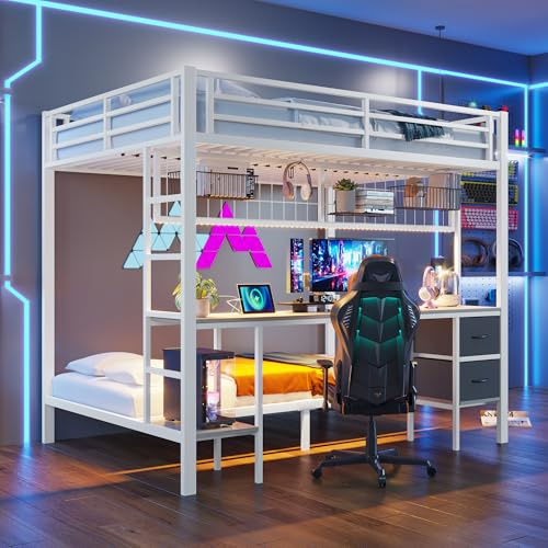 Merax Etagenbett 90x200 + 140x200 cm für 2 Kinder Hochbett mit Schreibtisch, LED-Beleuchtung, USB-Anschlüssen, 2 Schubladen, Ablageflächen & Aufhängeregale Metallbettgestell(ohne Matratze), Weiß