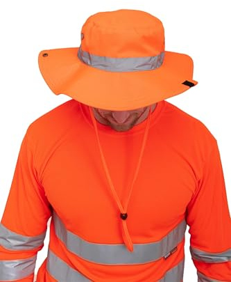 Mivaro Warnschutz Safari Hut Unisex mit Reflexstreifen und verstellbarem Schirm - Sicherheits Hut für Arbeit Outdoor Jagd BAU Forst Straßenbau - Sonnenschutz Kappe mit Kinnband One Size Polyester