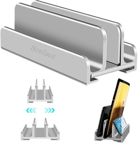 Bonlace Support Vertical Pc Ordinateur Portable, 3 en 1 Support Laptop Triple Fente Porte en Aluminium Réglable Rangement sur Bureau, Support Dock Compatible avec MacBook Pro Air Tablette Smartphone