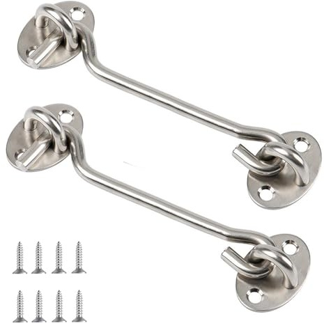 Zydiwo Pack of 2 Storm Hooks with Eyelet, Stainless Steel Barn Door Lock Hook with Screws for Barn Door, Window, Gate, Cabin (Silver, 6 Inches)