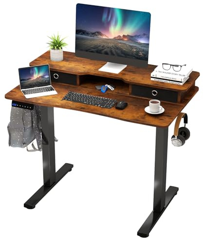 GIANTEX Escritorio de Ordenador Eléctrico 100 x 60 cm, Altura Ajustable 73-122 cm, Tablero con Soporte para Monitor y 2 Cajones, 2 Ganchos Laterales, Mesa de Trabajo para Oficina, Estudio (Marrón)