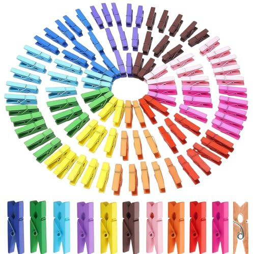 DWUENT 100pcs Wooden Clothes Pegs 4.8cm, Coloured Mini Pegs Photo Display Clips for Arts and Crafts