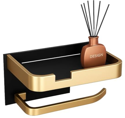 Porte Papier Toilette Mural Noir et doré avec étagère Design – Support Rouleau WC Suspendu – Meuble sanitaire Compact – Accessoires Salle de Bain Moderne – Rangement Pratique pour Toilettes