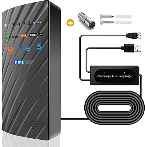 Antenne TV Extérieure Intérieur, 39DBI 480 km Réception Antenne TNT avec Câble Coaxial de 10m, Gain élevé Signal Amplificateur et Mode Double Signal pour 1080P 4K DVB-T DVB-T2 VHF UHF