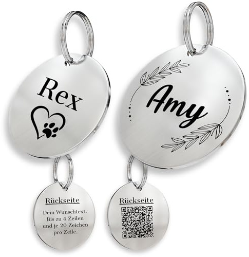 ROGGS Hundemarke mit Gravur – personalisierte Hundemarken Edelstahl rund – Dog Tag Namensschild Hund für Halsband, Adressanhänger beidseitig inkl. QR Code für Hunde, Katzen, Welpen (25mm)