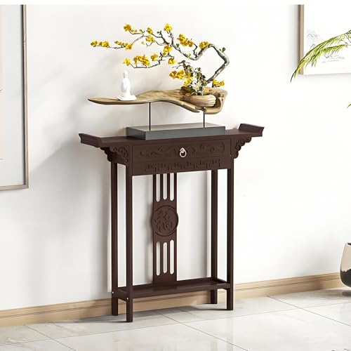 SXKLYRF Console Table en Rotin de Style Chinois avec Tiroirs, Console D'entrée Étroite Vintage avec Étagère de Rangement pour L'entrée, Le Couloir ou Le Salon(80x20x80cm/31x8x31in)