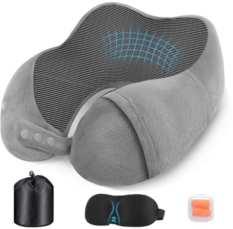 Nexellent Nackenkissen Flugzeug, Reisekissen, Hochwertiges Memory Foam Nackenkissen für Flugzeug und Auto – Vollständiges Set mit Schlafmaske, Ohrstöpseln und Tragetasche. (Grau)
