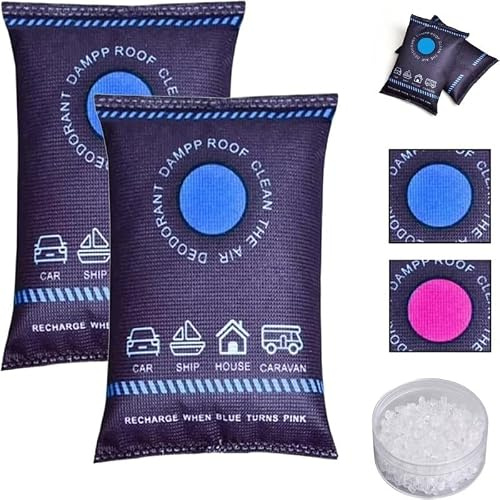 wiederverwendbare Auto-Luftentfeuchter Beutel (2x 100 g) – Luftentfeuchter Auto & Zuhause, wiederverwendbar, 100 % auslaufsicher, mikrowellenregenerierbar