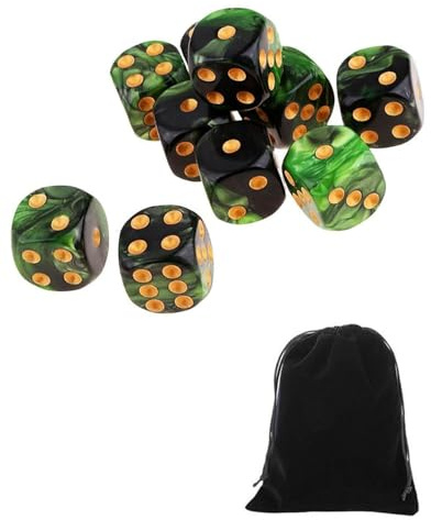 CULEB 10 PCS Dadi,16mm D6 Dadi da Gioco Acrilici,SetDadi con Borsa di Velluto per Giochi da Tavolo,Giochi di Ruolo(Nero-Verde)