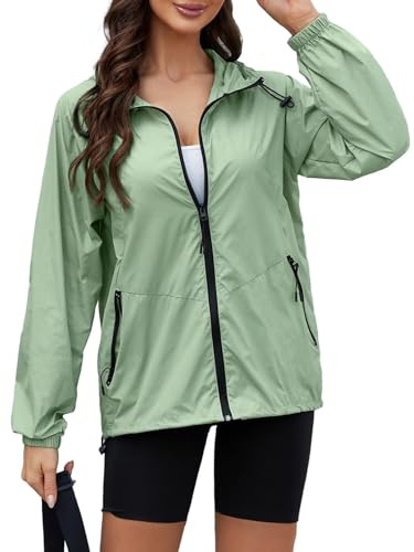 CRIPOM Rain Jacket Women Light Weight Waterproof Windbreaker Jackets For Womens Outdoor Womens Rain Jacket With Hood Travel Raincoat For Women Packable Green L
