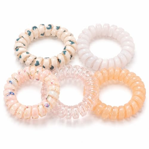 Tangdira Spiral Hair Ties No Damage for Women – Coil Hair Ties, Telephone Cord Hair Bands, Waterproof Ponytail Holders for Thick & Thin Hair (Light_pink 5 piece set)