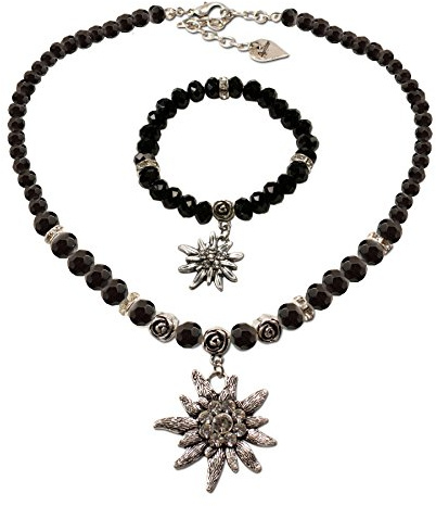 Alpenflüstern Trachtenschmuck-Set Perlen-Trachtenkette und Trachten-Armband Strass-Edelweiß - Damen-Trachten-Schmuck, Trachtenset Dirndl-Kette und Trachten-Armkette in schwarz und Creme-weiß SET022