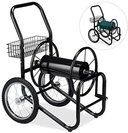 Relaxdays Carrello Avvolgitubo da Giardino, Carrellino Mobile per Acqua in Metallo, 2 Rotelle, Tubi Lunghi 90 m, Nero