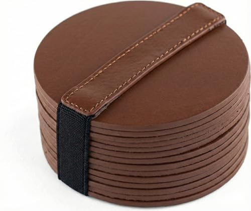 Brute Strength – sous-Verres Cuir – Rond – Cognac – 14 pièces | Dessous de verre, sous-verres et sous-bocks lavables en cuir pleine fleur; avec lanière de rangement pour verres et tasses