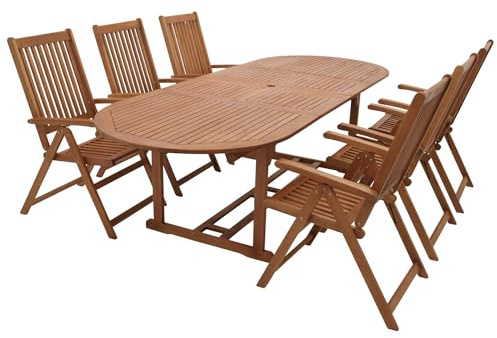DEGAMO Garten Sitzgruppe LAGO 7-teilig: 6X Klappsesessel verstellbar, 1x Ausziehtisch 260x100cm oval, Eukalyptus-Holz
