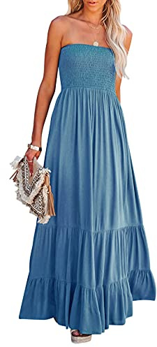 R.Vivimos Vestido De Playa Bohemio De Verano Sin Tirantes para Mujeres Vestido Largo Plisado En Forma De A De Cintura Alta(M,Blue#2)